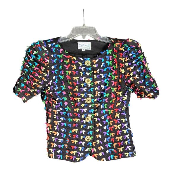 Gay Boyer Vintage Retro‎ 80s 90s Bow Puff Sleeve Blouse Black Pleated Skirt Sz 6 - Picture 1 of 15